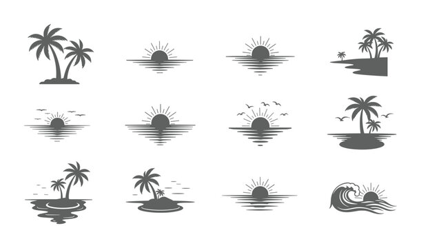 Tropical island scenes featuring palm trees sun ocean waves and silhouette set isolated
