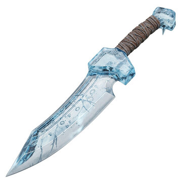 Ice Sword with Crystal Handle and Frosty Blade, Fantasy Weapon for Game or Movie Concept, Isolated on White Background