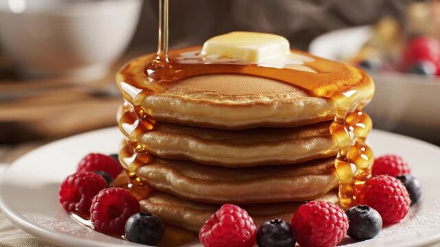 Stack of Pancakes with Syrup Drizzled: A delightful stack of golden pancakes, topped with a pat of butter, is lavishly drizzled with maple syrup. Fresh raspberries and blueberries adorn the base.