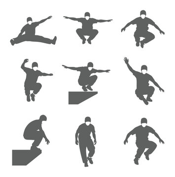 Dynamic grey silhouettes depicting individuals performing various parkour and freerunning movements isolated vector action poses