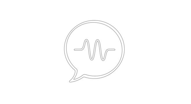 Minimalist black outline icon depicting a speech bubble containing a clear, stylized audio waveform illustrating voice message or sound recording technology, perfect for digital interfaces.