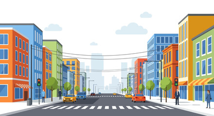 Fototapeta premium Colorful city street with buildings, cars, and pedestrian crossing in daylight.