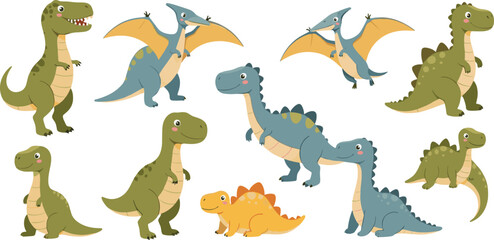 Cute Cartoon Dinosaur Characters Set with Flying and Ground Prehistoric Animals Flat Vector Illustration © MDSelim