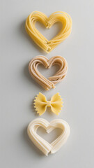 Four types of pasta arranged in a row on a white background: spaghetti, heart-shaped, farfalle, and another heart-shaped variety, showcasing shape and texture