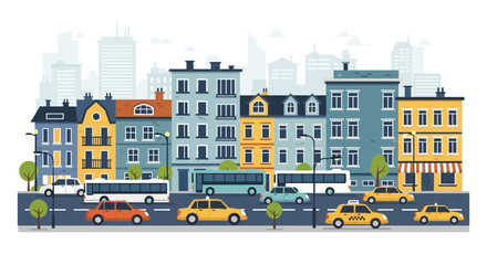 Fototapeta premium Colorful City Street Scene with Buildings, Cars, and Buses
