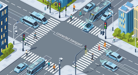 Fototapeta premium Smart City Intersection with Connected Autonomous Vehicles and Public Transport