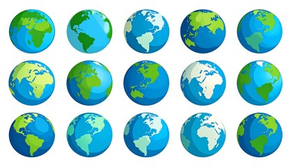Fifteen colorful globes, each showing a different view of continents and oceans, arranged in a grid against a white backdrop