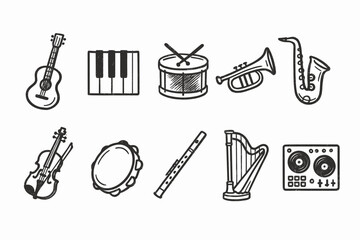 Fototapeta premium Music and instruments outline icon set. Guitar, piano, drums, brass, strings collection