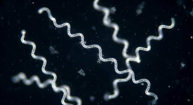 Ultra-realistic microscopic photograph of Borrelia burgdorferi spirochetes under a high-end laboratory microscope