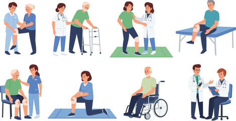 Fototapeta premium Elderly Rehabilitation and Physiotherapy Care Scenes with Doctors Nurses and Patients Flat Vector Set