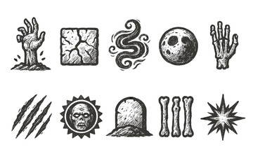 Horror, spooky outline icon set. Creepy, halloween, scary, skeleton, ghost illustrations