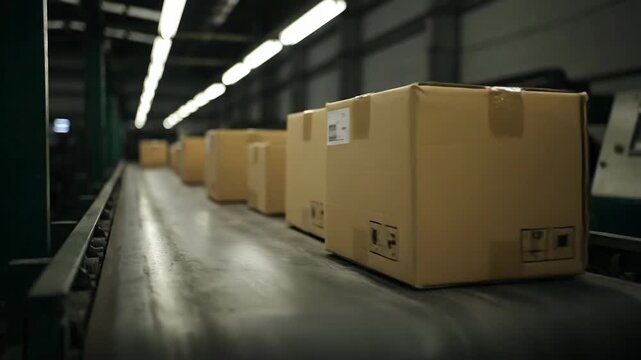 Cardboard boxes moving along conveyor belt in factory warehouse