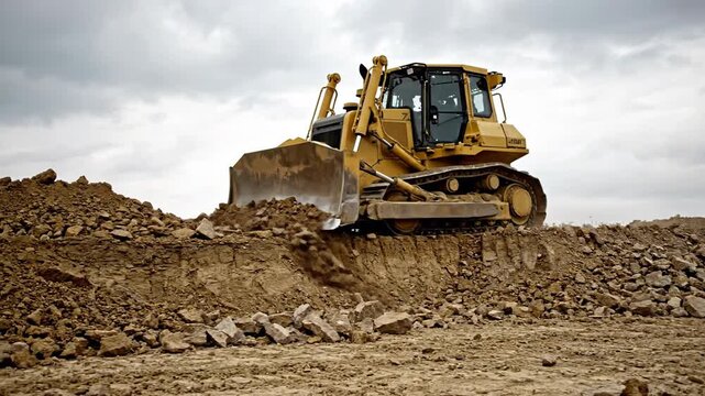 Heavy bulldozer machine working on construction site dirt pile
