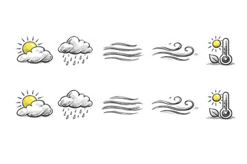 Weather sketch icon set featuring sun, clouds, and wind in outline style.