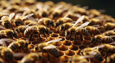 Cinematic close-up of honeybees swarming over a raw honeycomb in a forest, warm golden tones, shallow depth of field, dramatic lighting, detailed wings and textures, organic and natural composition, 8