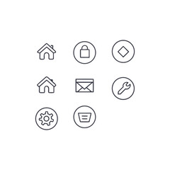 Set of eight line icons featuring business and technology symbols including a house lock diamond envelope wrench gear and shopping basket on a white background