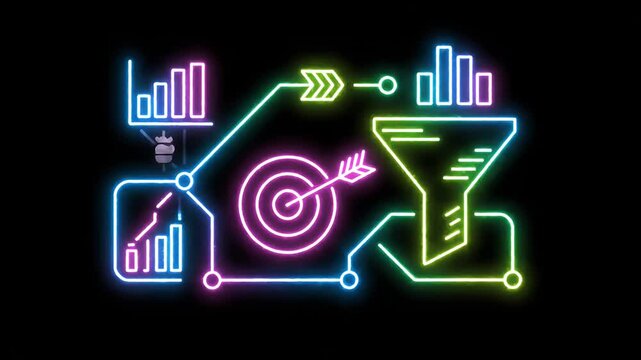 Neon Cyber Marketing Funnel Diagram in Neon Lights.