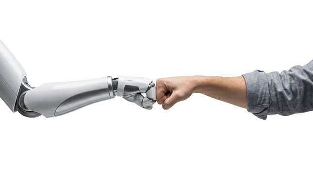 Robot and human fist bump isolated. AI cooperation concept.