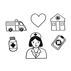 Medical icons including nurse ambulance clinic medicine and healthcare symbols in a simple line style