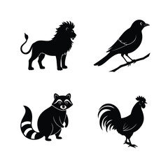 Zoo and farm animal silhouettes lion bird raccoon rooster
