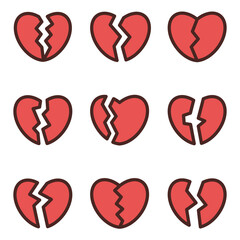 Set of broken heart icons. Flat-style icons on the theme of lost love.