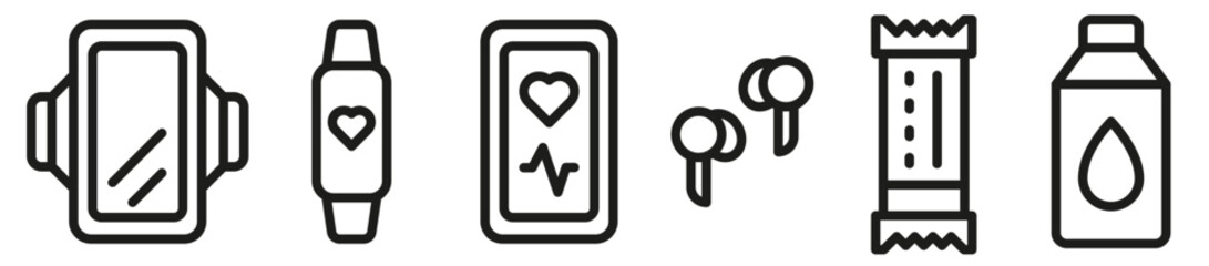 A set of linear icons for running and active lifestyle accessories. Accessories for outdoor running.