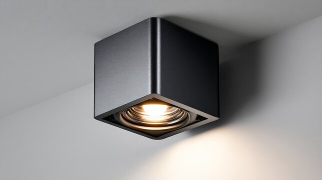 Close up ultra-realistic product render of a matte black aluminum cube LED downlight mounted on a ceiling, showcasing sharp edges and minimal design against a neutral background