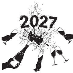 Fototapeta premium Happy New Year 2027 celebration with champagne bottle pop and clinking glasses silhouette illustration