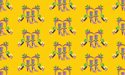 Obraz premium Mardi Gras Carnival Seamless Pattern with Festival Shoes, Headwear, Costume and Jester Hat