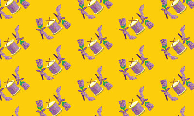 Mardi Gras Seamless Pattern with Festival Shoes, Costume, Drum and Gemstones
