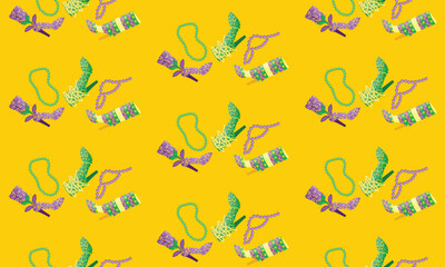 Fototapeta premium Mardi Gras Carnival Seamless Pattern with Festival Shoes, Costume and Beads