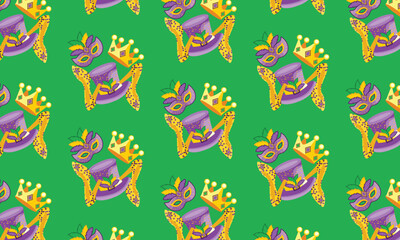 Obraz premium Mardi Gras Carnival Seamless Pattern with Hat, Crown, Festival Shoes and Feather Mask