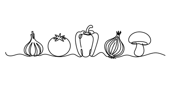 Continuous line art drawing featuring garlic, tomato, bell pepper, onion, and mushroom Vector, illustration