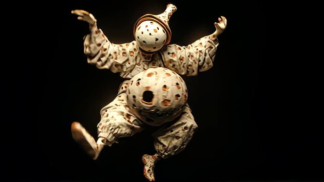 Whimsical Clay Jester Figurine: Traditional Folk Art Sculpture and Collectible Ceramic Doll in Colorful Attire with Intricate Patterns and Playful Dance Pose