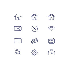 Collection of 12 web interface icons including home email calendar and settings symbols in a simple line style on a white background for design projects