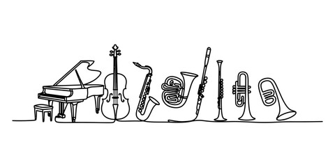 Continuous line drawing of various musical instruments from an orchestra Vector, illustration © Creative_Outline2019