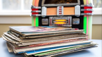 Vintage vinyl record sleeves scattered beside a classic jukebox, top-down view. bar promotions, beverage menus, designed for food & beverage menus and cafe branding.