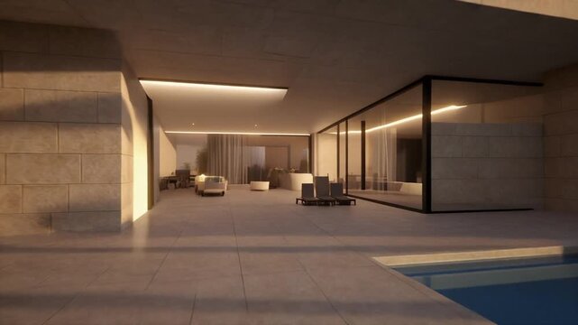 Modern interior room with glass windows, pool, and tan walls. Suitable for luxury home or architecture design concepts.