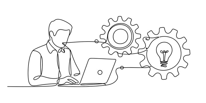 A continuous line drawing of a person using a laptop to generate innovative ideas Vector, illustration