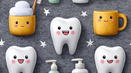 Obraz premium Cute tooth pattern illustration on light grey background featuring smiling teeth, toothbrush, dental mirror, mouthwash, and accessories for dental hygiene