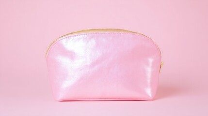 Chic pink cosmetic bag with gold accents, elegantly displayed on a matching pastel surface. lifestyle magazines, social media lookbooks, designed for influencer and brand collaborations.