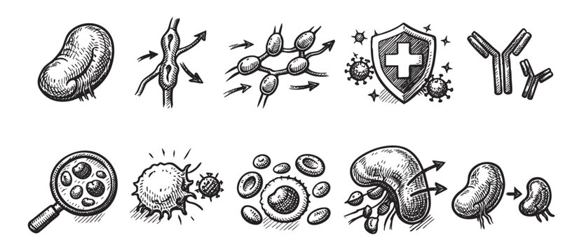 Hand-drawn style black and white illustration showing the components and processes of the immune system response, including antibodies, cells, and lymphatic system function.