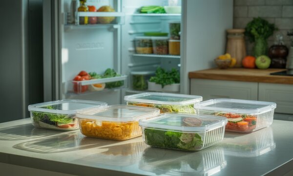 Open fridge with organized food containers on countertop