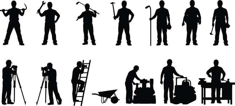 Industrial Worker Silhouette Set Collection of Labor Men Using Hand Tools Machines Ladder Job Icons Isolated on White Background Vector Illustration