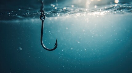 Underwater macro view of a fishing hook with light refraction, revealing sharp metal texture in blue water. wildlife magazines.
