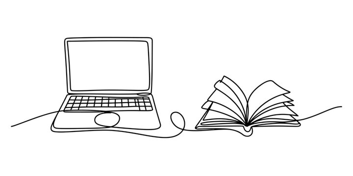 A continuous line drawing connecting a laptop and an open book Vector, illustration
