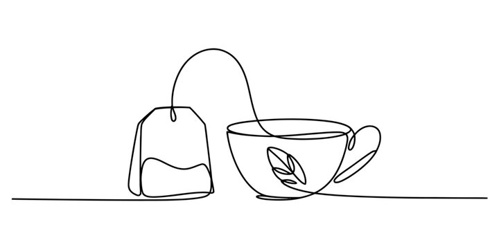 Minimalist continuous line drawing depicting a teabag and a teacup on a simple background Vector, illustration