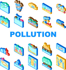 Obraz premium Set of isometric icons illustrating various forms of water and environmental pollution, depicting pollution sources, effects on marine life, and ecological problems