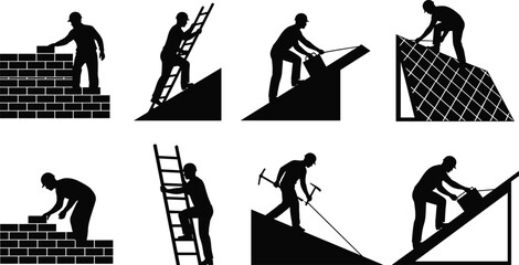 Roof Construction Worker Silhouette Set Collection of Building Repair Labor Men Working on Roof Ladders Job Icons Vector Illustration © MdAminur