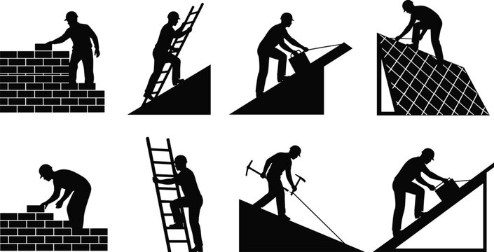 Roof Construction Worker Silhouette Set Collection of Building Repair Labor Men Working on Roof Ladders Job Icons Vector Illustration